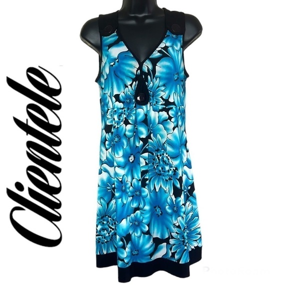 Clientele Blue/Black Floral Print Sleeveless Mini Summer Dress - Picture 1 of 11